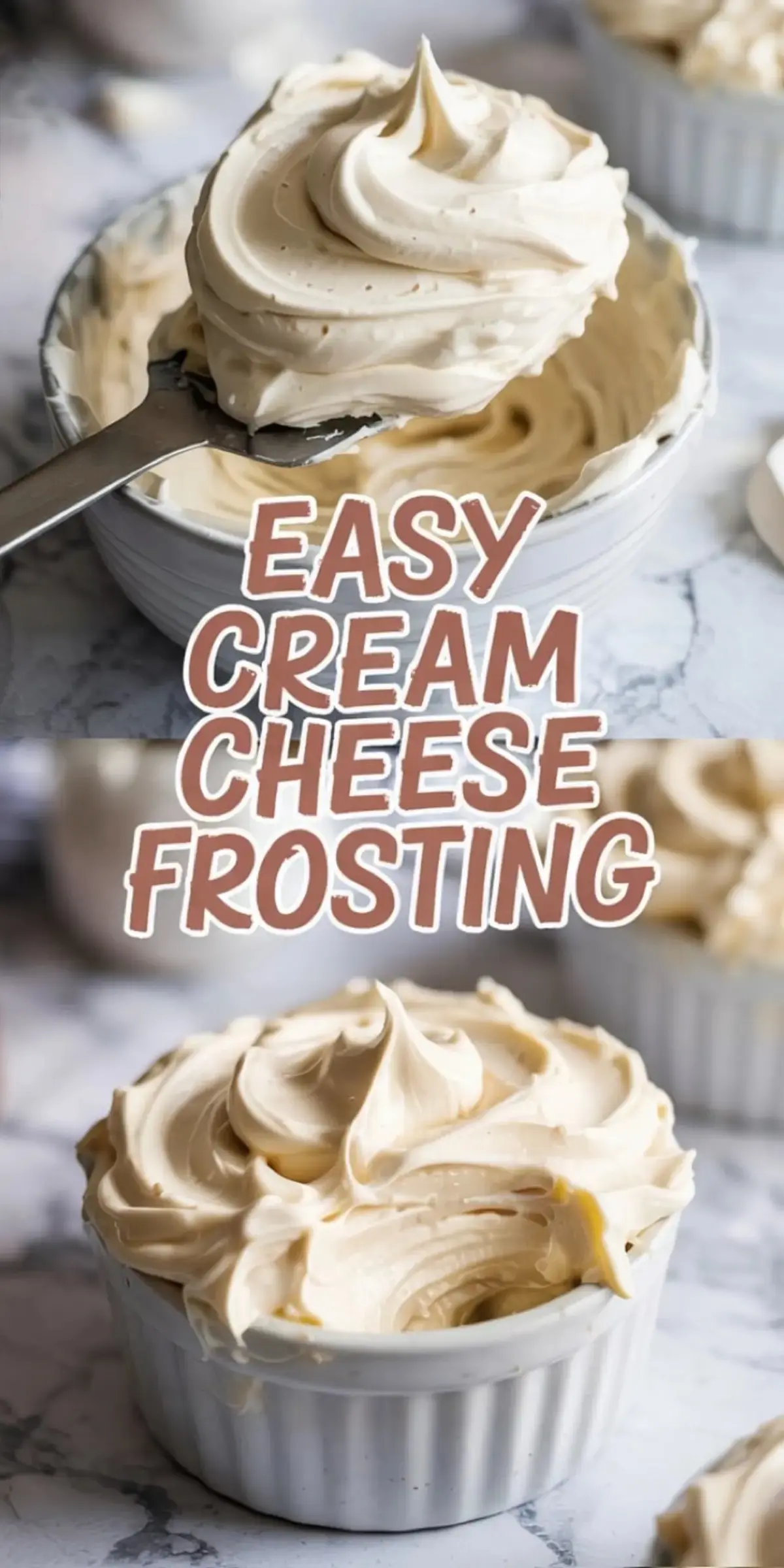 Fluffy cream cheese frosting scooped with a spatula into a white ramekin, featuring smooth, whipped peaks perfect for cupcakes, cakes, and desserts, styled on a marble countertop.