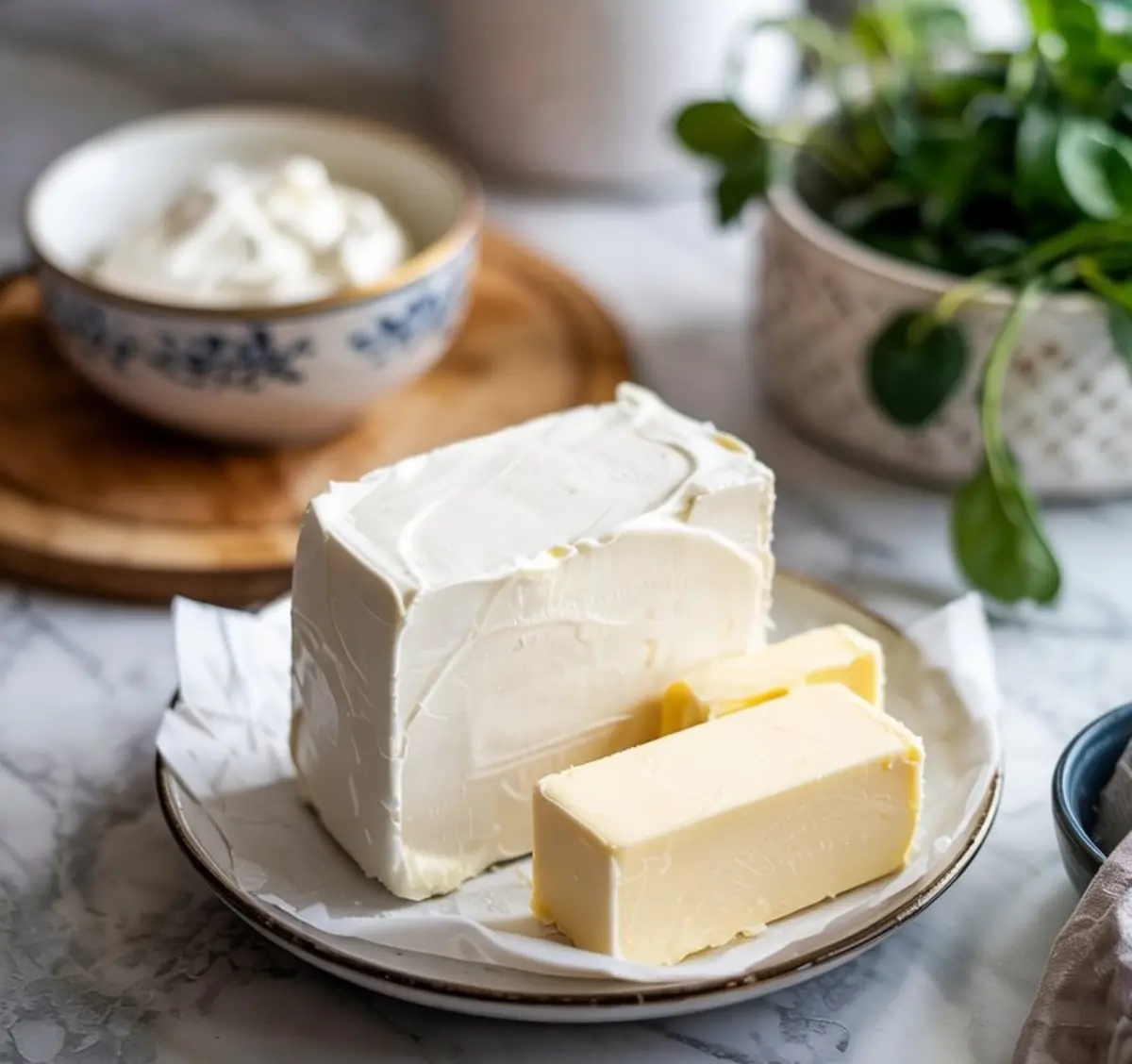 Block of cream cheese and sticks of butter on a white plate, set against a marble backdrop with a bowl of whipped cream and potted greenery.