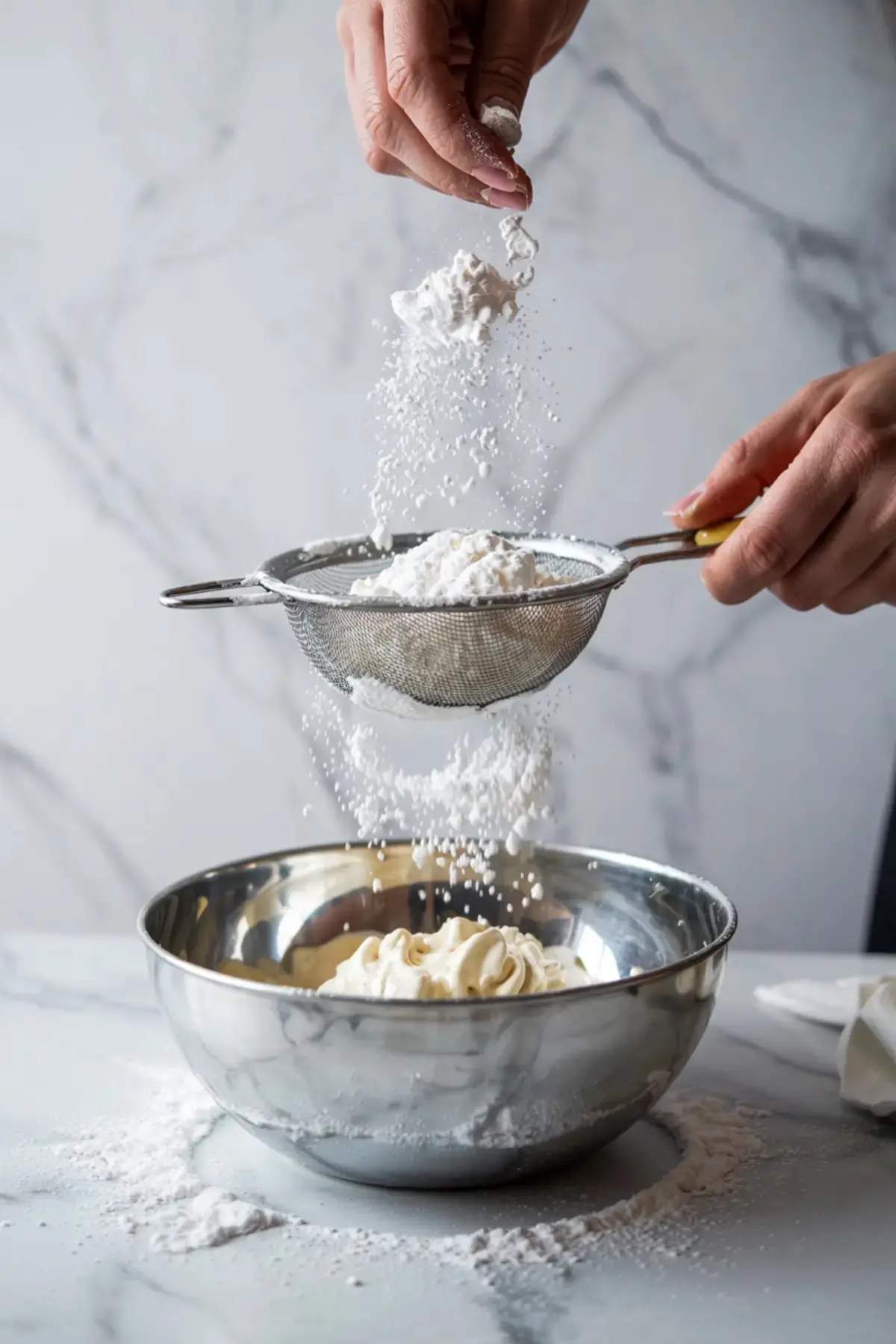 Hand sifting powdered sugar over a mixing bowl of cream cheese frosting, creating a snowfall effect on a marble countertop during frosting preparation.