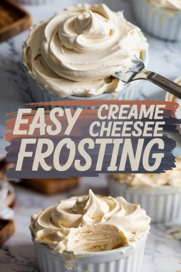 Velvety cream cheese frosting swirled in a white ramekin, highlighted with a spatula and bite marks, styled on a marble surface with cozy kitchen props.