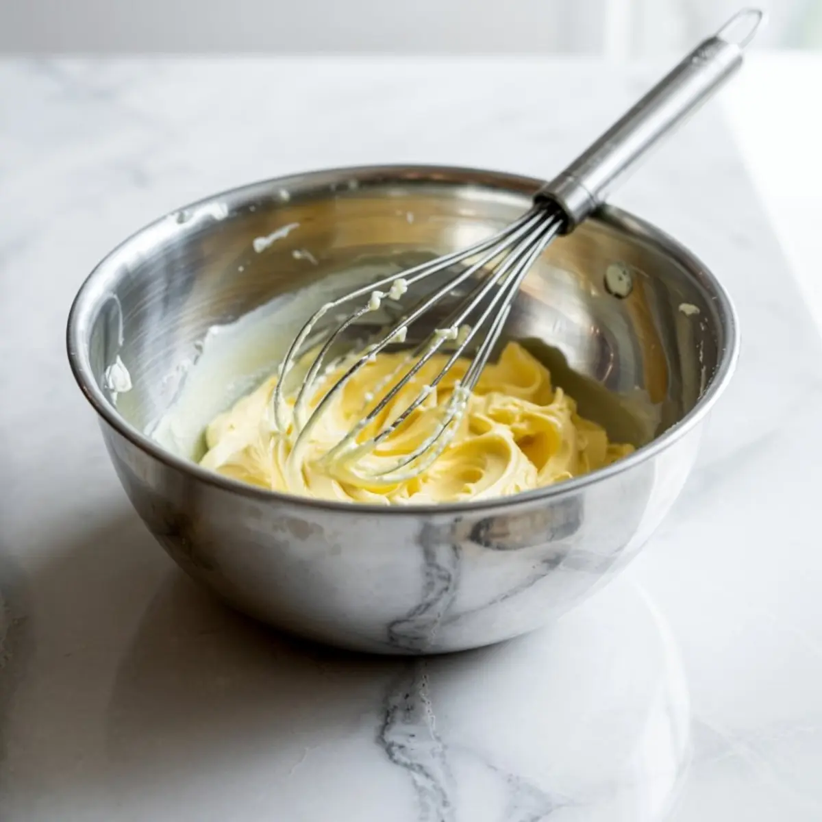 Creamy whipped mixture of butter and cream cheese in a stainless steel bowl with a wire whisk, resting on a marble countertop during frosting preparation.