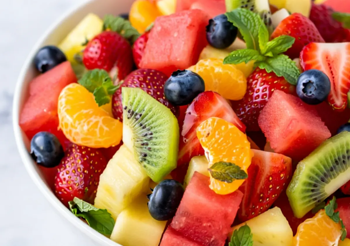Close-up of a vibrant fruit salad in a white bowl featuring cubed watermelon, sliced kiwi, pineapple chunks, whole blueberries, strawberries, mandarin orange segments, and fresh mint leaves.