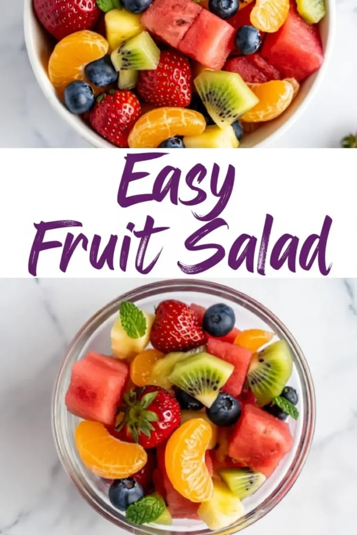 Close-up of a vibrant fruit salad in a white bowl featuring cubed watermelon, sliced kiwi, pineapple chunks, whole blueberries, strawberries, mandarin orange segments, and fresh mint leaves.