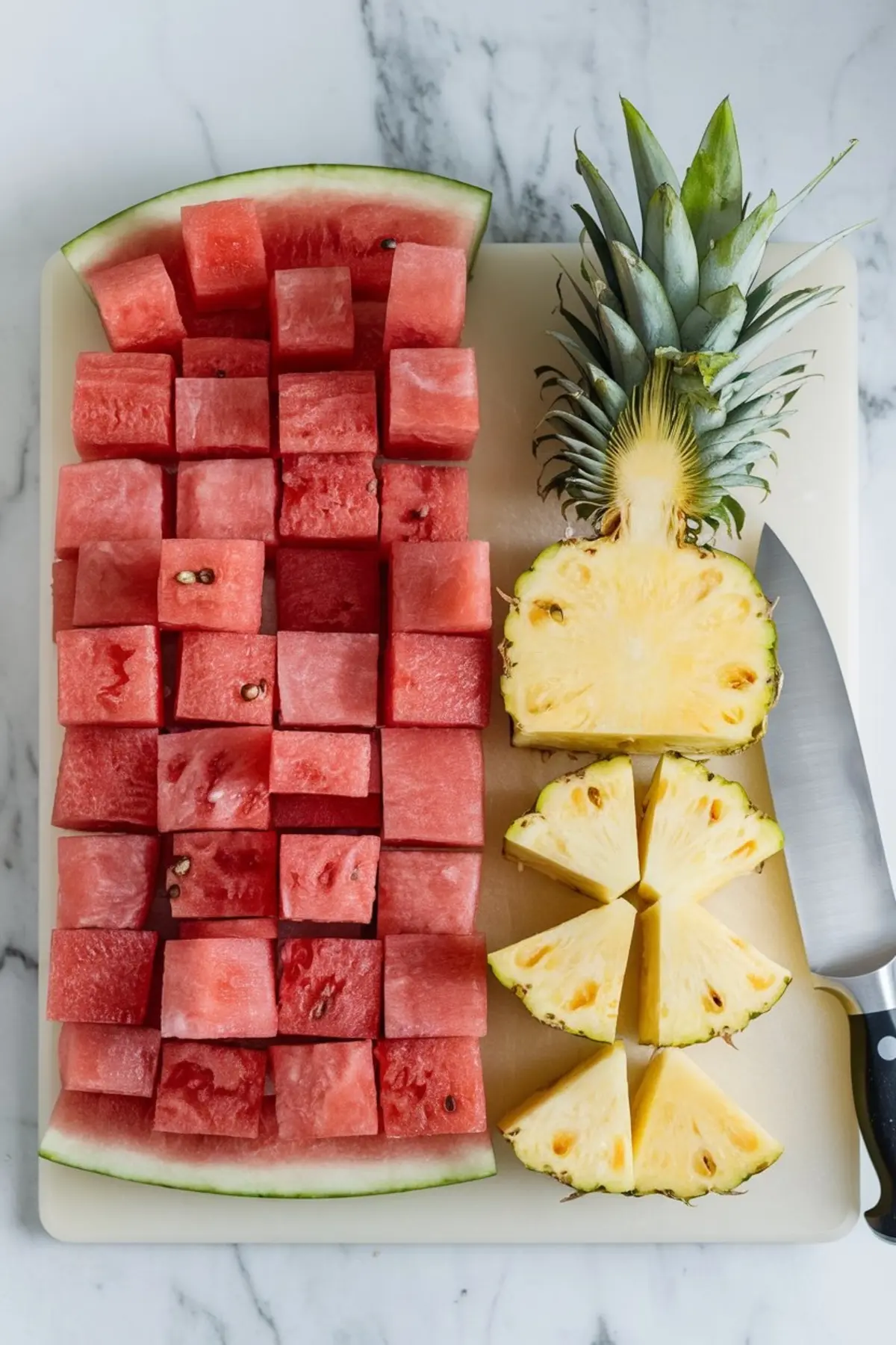 Sliced watermelon and pineapple arranged on a cutting board with a chef’s knife. The watermelon is cubed and stacked on one side, while the pineapple is halved and cut into wedges on the other.
