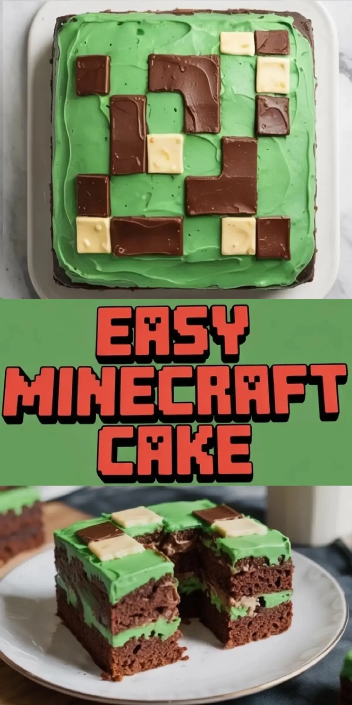 Square Minecraft-themed cake decorated with green frosting and chocolate tiles, shown whole on a white plate and sliced into layers of chocolate cake and green frosting, capturing a pixelated gaming style for a kids’ birthday party.
