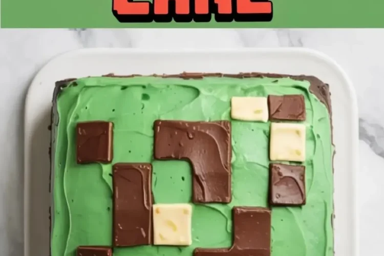 Top-down view of a Minecraft cake featuring bright green frosting and a pixelated pattern made from milk and white chocolate squares, set on a white plate against a marble background.
