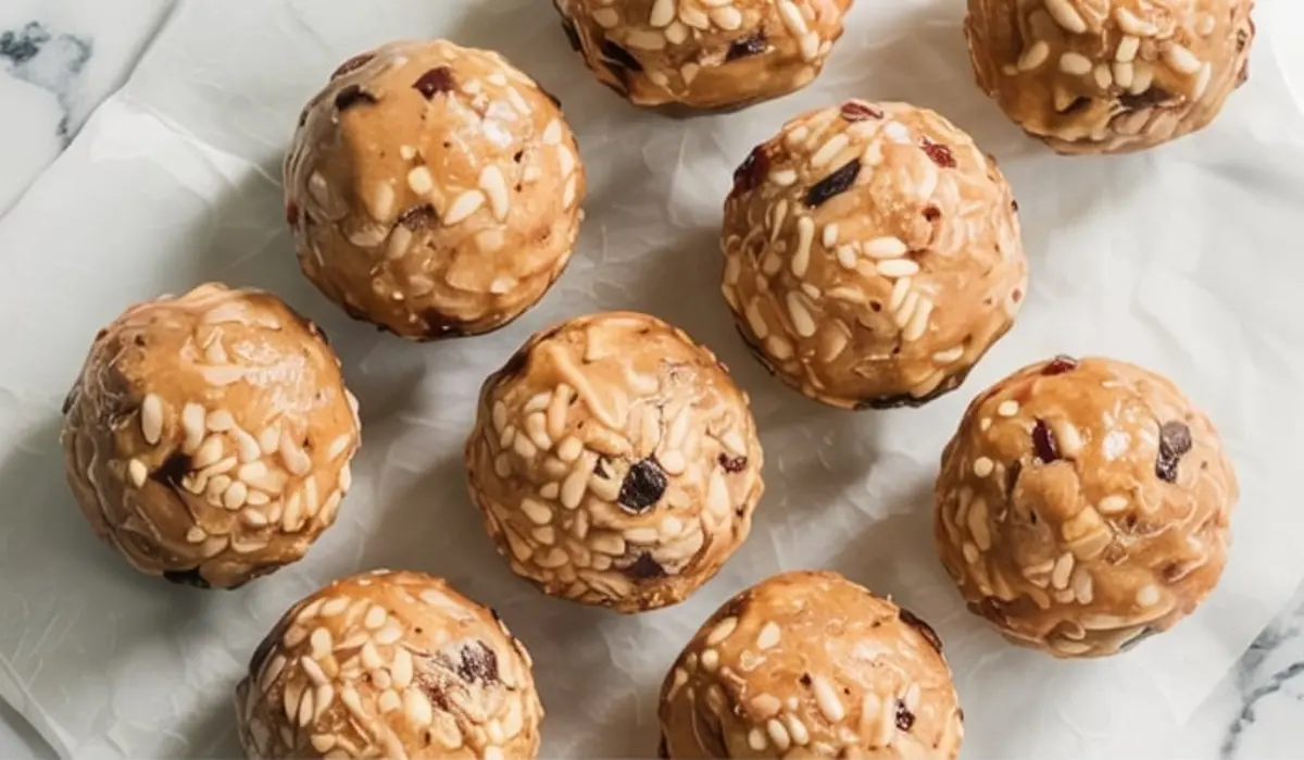 Flat lay of round peanut butter protein balls packed with sesame seeds and raisins, arranged on parchment paper over a marble surface for a homemade snack presentation.
