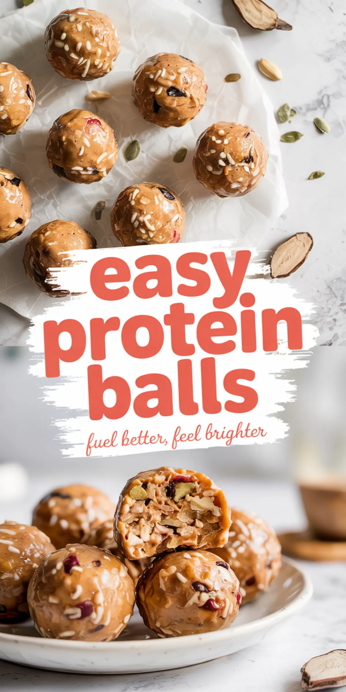 Collage featuring protein energy bites made with peanut butter, oats, and seeds, a motivational “easy protein balls” text banner, and a close-up of one cut open to display the chewy, nutty interior.
