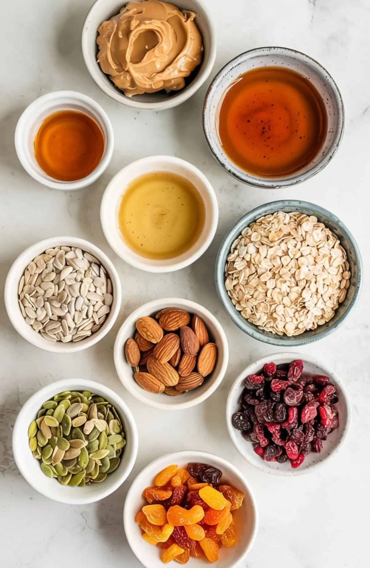 Top-down view of ten small bowls containing ingredients for protein balls: peanut butter, maple syrup, honey, rolled oats, sunflower seeds, almonds, pumpkin seeds, dried cranberries, raisins, and apricots.