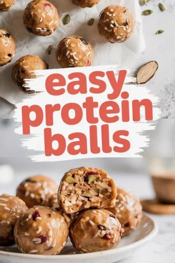 Collage of no-bake protein balls with a text graphic reading “easy protein balls” and a detailed close-up of one halved bite showing chunky oats, nuts, seeds, and dried fruit in a chewy base.