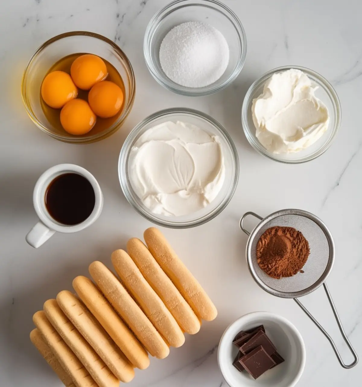 Flat lay of tiramisu ingredients on a marble surface, including egg yolks, sugar, mascarpone, whipped cream, espresso, ladyfinger biscuits, cocoa powder, and dark chocolate pieces.