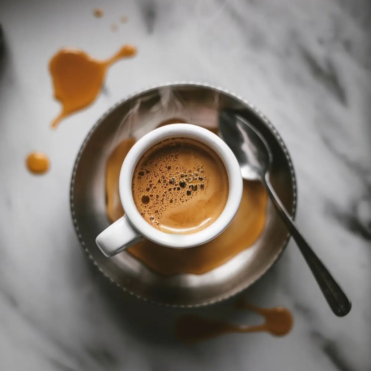 Overhead view of a freshly brewed espresso in a white ceramic cup on a saucer with a spoon, set on a marble countertop with visible coffee spills for a rustic coffee scene.
