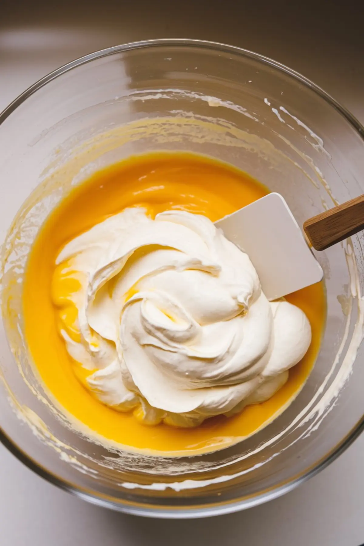 Glass bowl containing a vibrant yellow egg yolk mixture partially folded with fluffy whipped cream, with a white spatula positioned for mixing in the center.