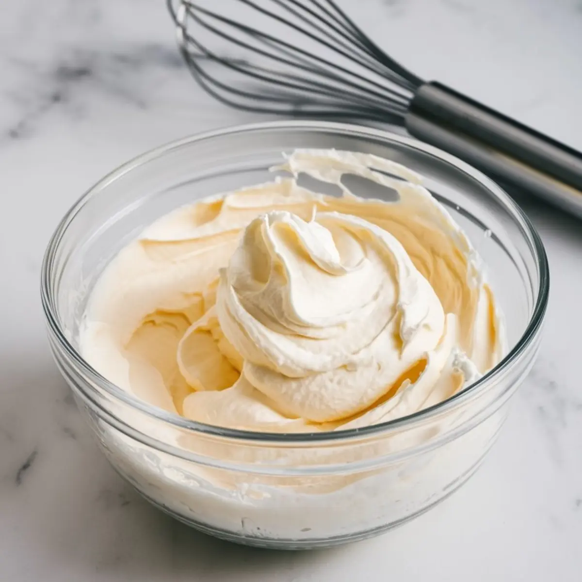 Glass bowl filled with smooth whipped cream on a marble surface, with a metal whisk placed in the background for a baking preparation scene.