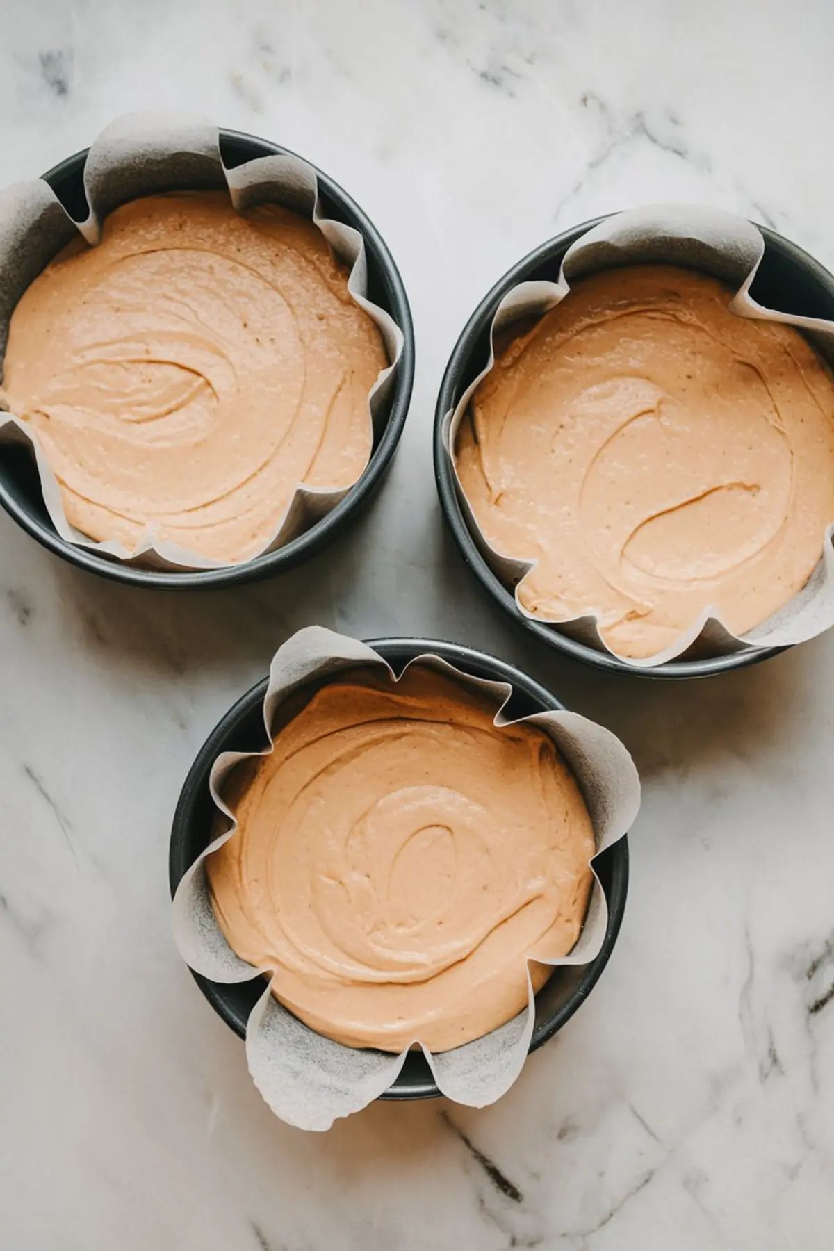Overhead shot of three round baking pans lined with parchment paper, filled with smooth, evenly spread cake batter ready for baking.
