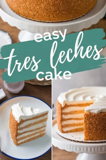 Collage featuring a tres leches cake on a white cake stand with decorative text “Easy Tres Leches Cake,” a slice on a white plate with blue rim, and the cake’s rich interior shown after a slice is removed.
