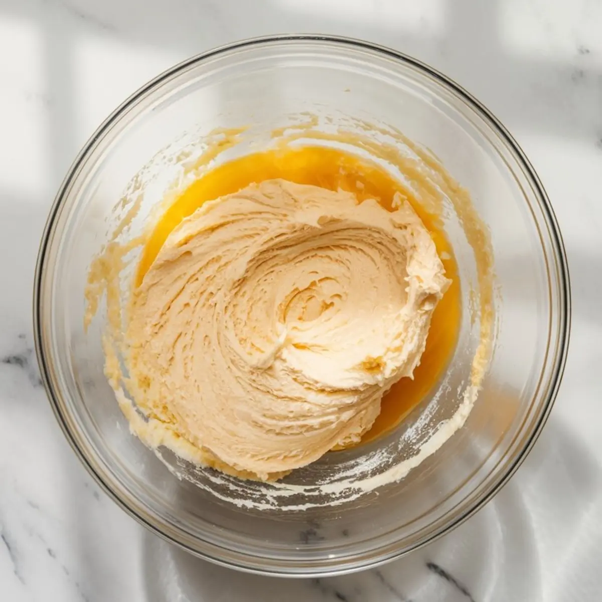Glass bowl filled with thick, creamy cake batter partially mixed with egg yolks, creating a swirl effect in the center, placed on a marble countertop.