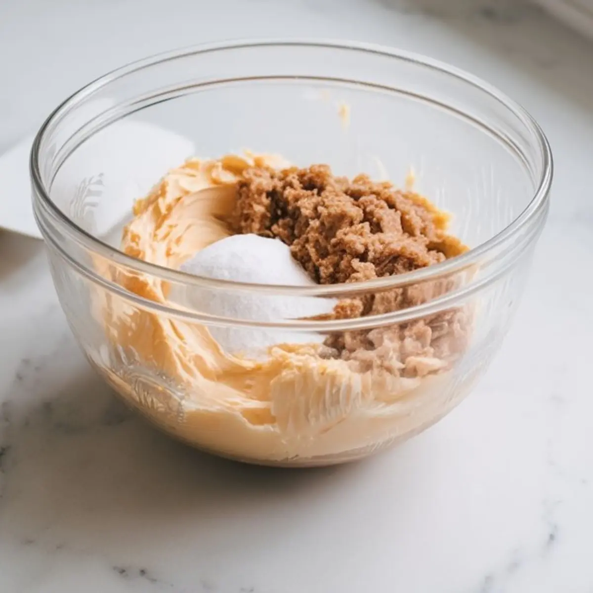 Glass mixing bowl filled with softened butter, brown sugar, and white sugar on a light marble surface, ready to be blended for a dessert crust or cookie base.
