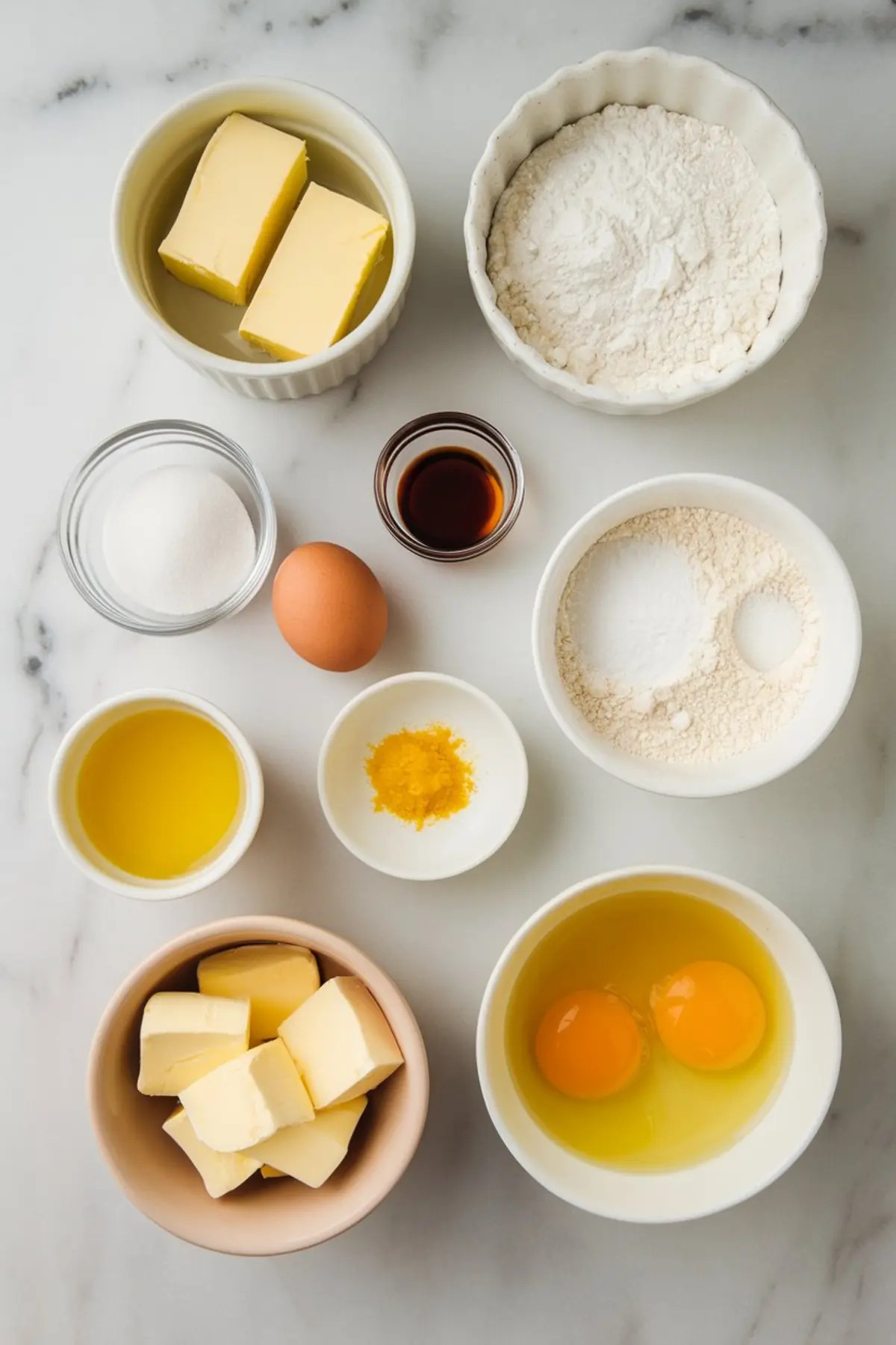 Flat lay of baking ingredients in ceramic and glass bowls on a white marble surface, including eggs, butter, flour, sugar, lemon zest, vanilla extract, and oil, arranged for a lemon tart recipe.
