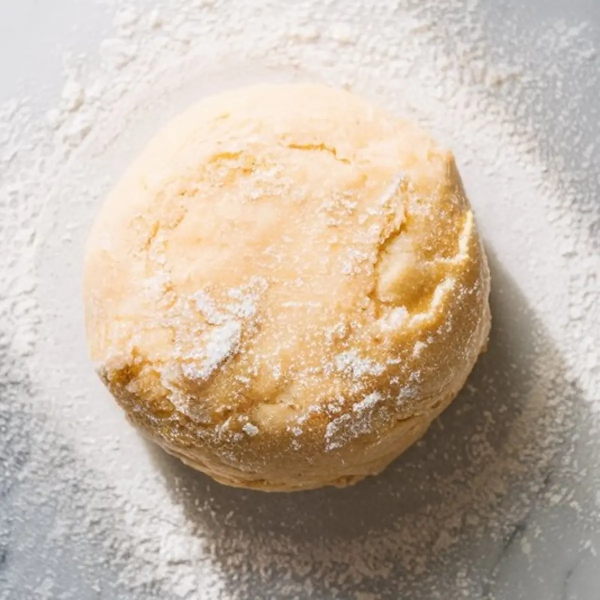 Close-up of a round ball of tart dough dusted with flour, sitting on a floured marble countertop, ready to be rolled out for baking lemon tart shells.
