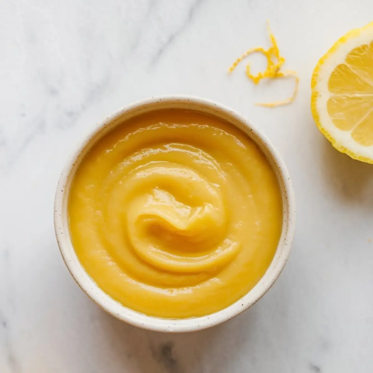 Overhead view of a creamy lemon curd in a white bowl, with fresh lemon zest and a halved lemon on the side, prepared as filling for citrus desserts.
