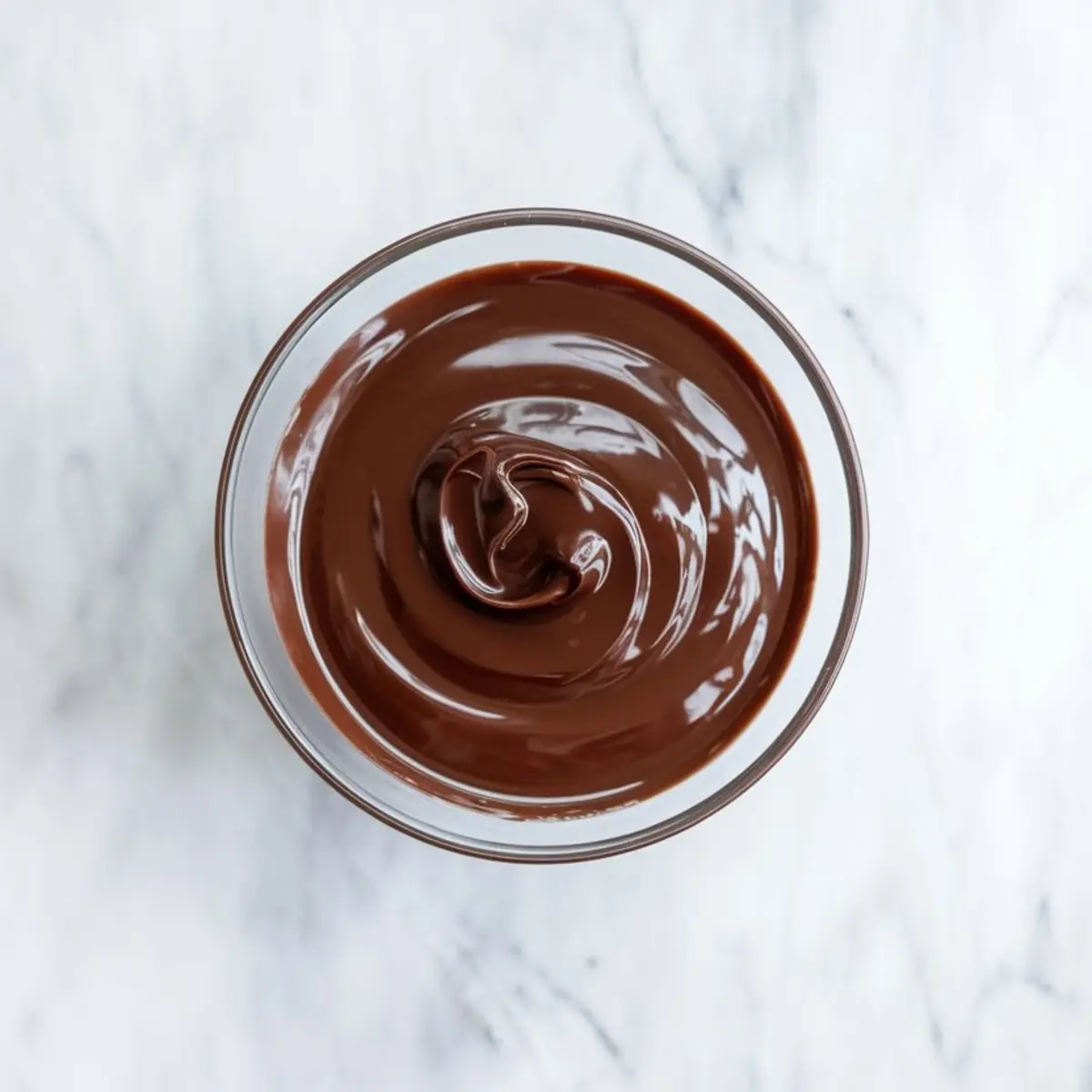 Glass bowl filled with glossy, melted chocolate ready for coating cheesecake pops, set against a white marble background.

