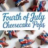 Star-shaped chocolate cheesecake pops decorated with vibrant red, white, and blue candy drizzle, arranged on a marble surface with “Fourth of July Cheesecake Pops” text in the center.