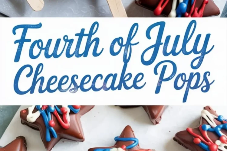 Star-shaped chocolate cheesecake pops decorated with vibrant red, white, and blue candy drizzle, arranged on a marble surface with “Fourth of July Cheesecake Pops” text in the center.