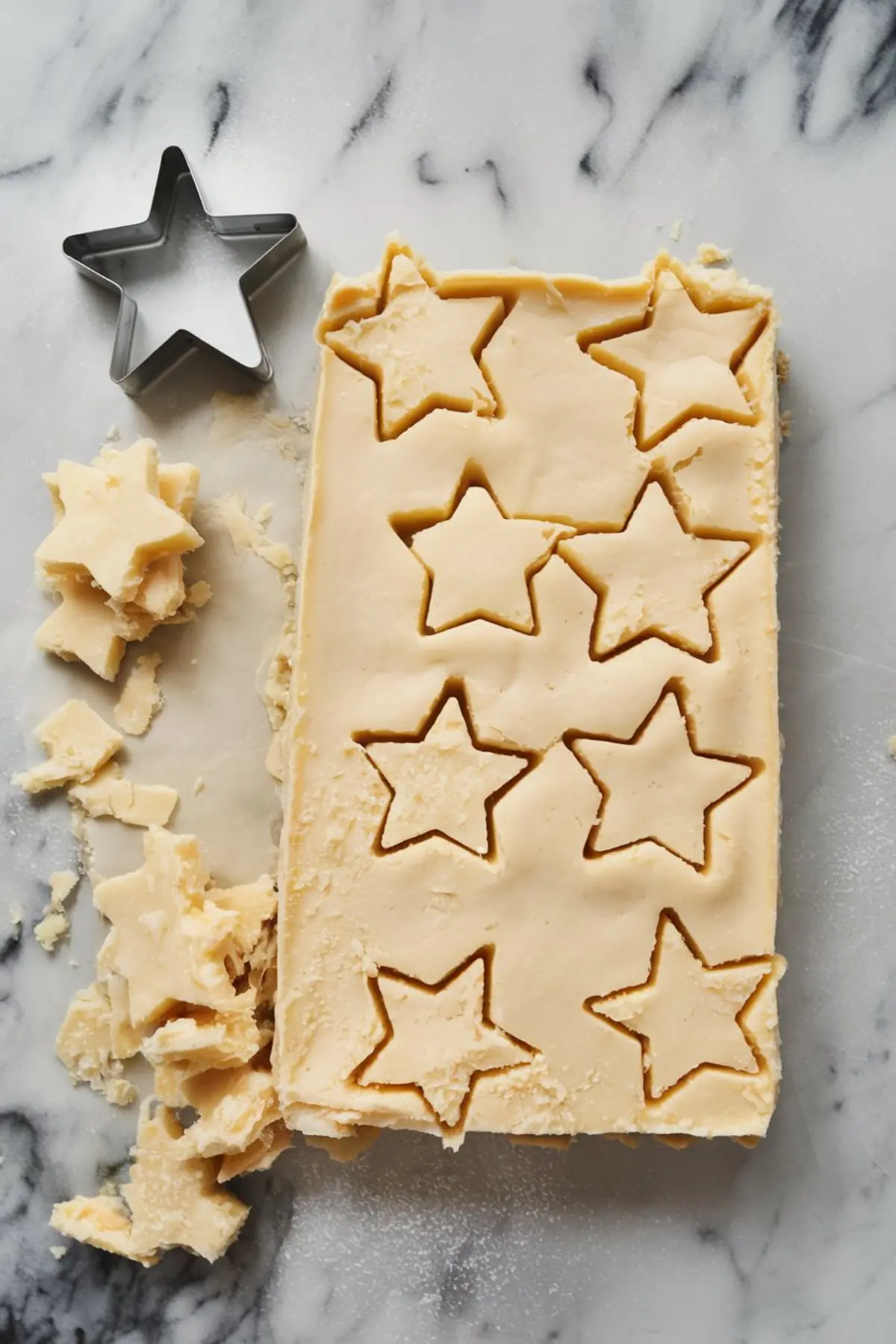 Slab of frozen cheesecake with multiple star shapes cut out using a metal star-shaped cookie cutter, set on a marble surface with scattered cheesecake scraps.
