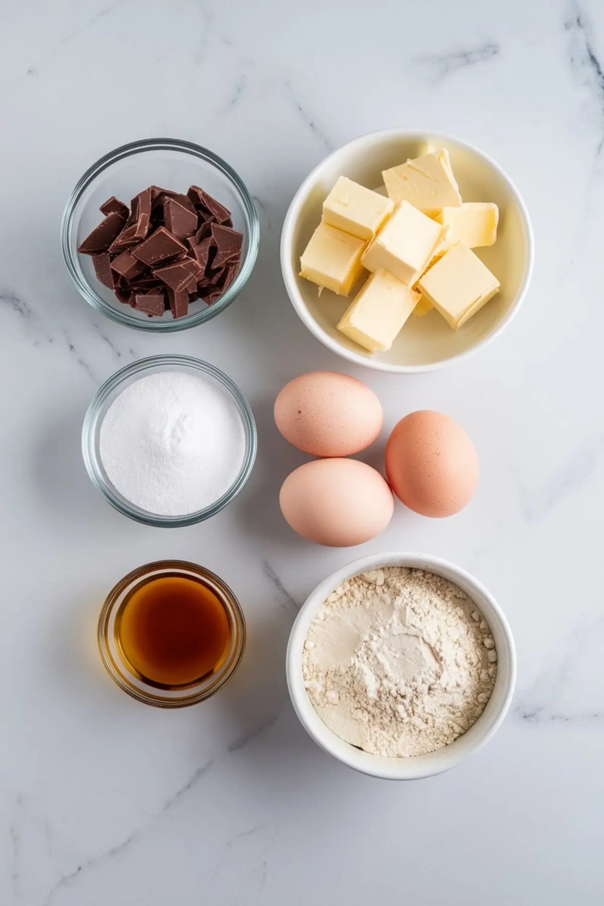 Flat lay of baking ingredients including chopped chocolate, cubes of butter, granulated sugar, three eggs, vanilla extract, and all-purpose flour arranged in glass and ceramic bowls on a white marble background.
