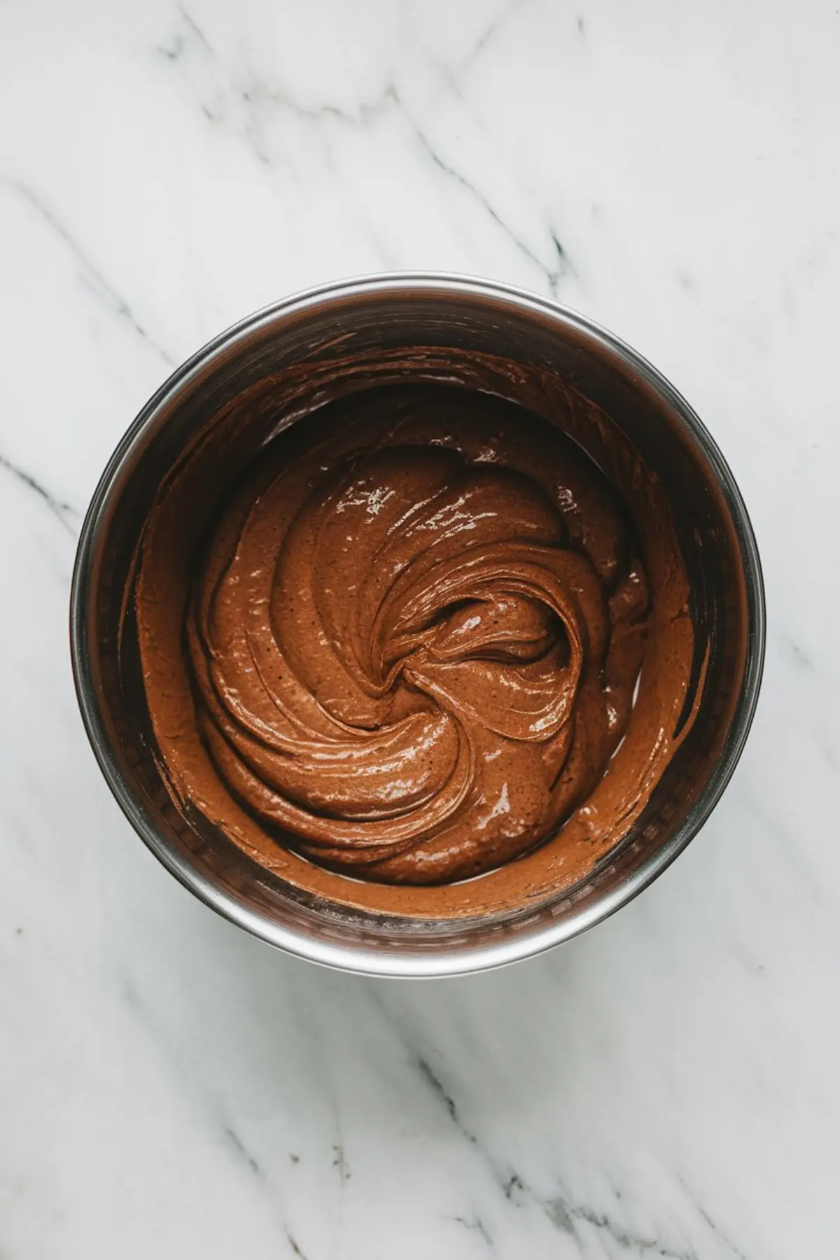Thick and velvety chocolate soufflé batter swirled inside a metal mixing bowl set on a white marble surface, showcasing the rich, glossy texture ready for baking.