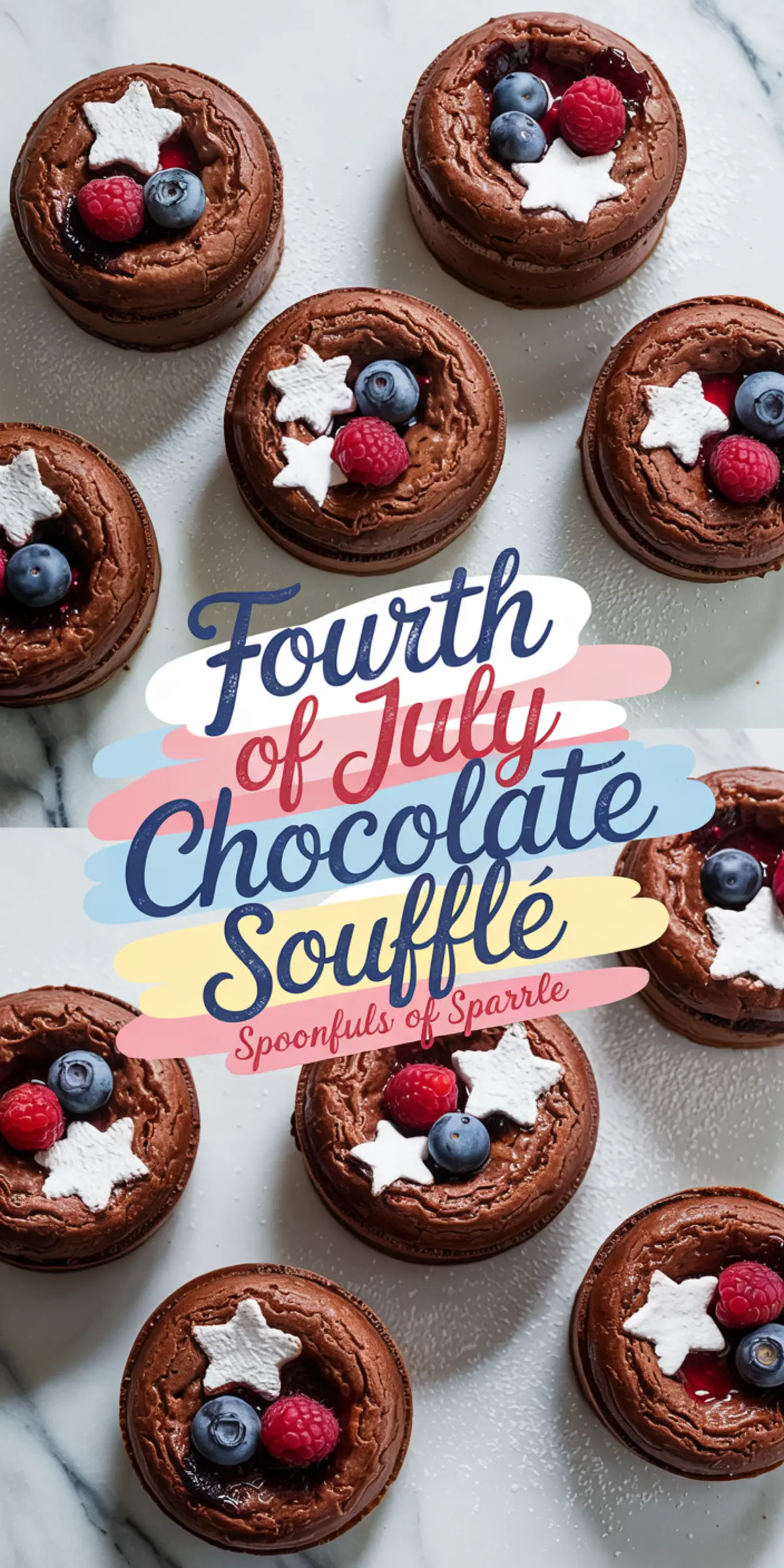 Fourth of July chocolate soufflés topped with fresh berries and white marshmallow stars, scattered with powdered sugar, presented on a marble surface with colorful festive “Fourth of July Chocolate Soufflé” text overlay.
