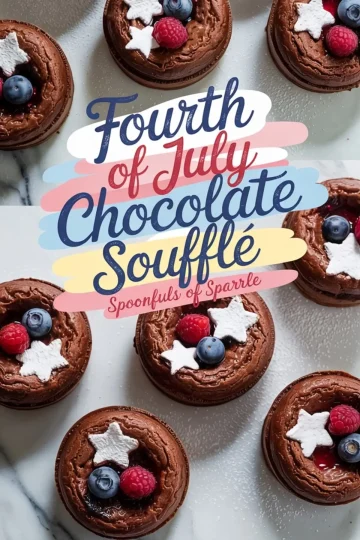 Mini chocolate soufflés decorated for Fourth of July with fresh blueberries, raspberries, and white star-shaped marshmallows, displayed on a marble surface with colorful “Fourth of July Chocolate Soufflé” text overlay.
