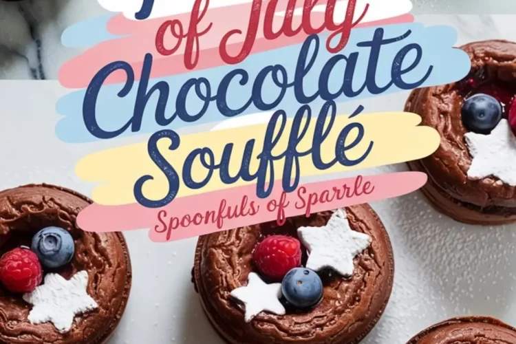 Mini chocolate soufflés decorated for Fourth of July with fresh blueberries, raspberries, and white star-shaped marshmallows, displayed on a marble surface with colorful “Fourth of July Chocolate Soufflé” text overlay.