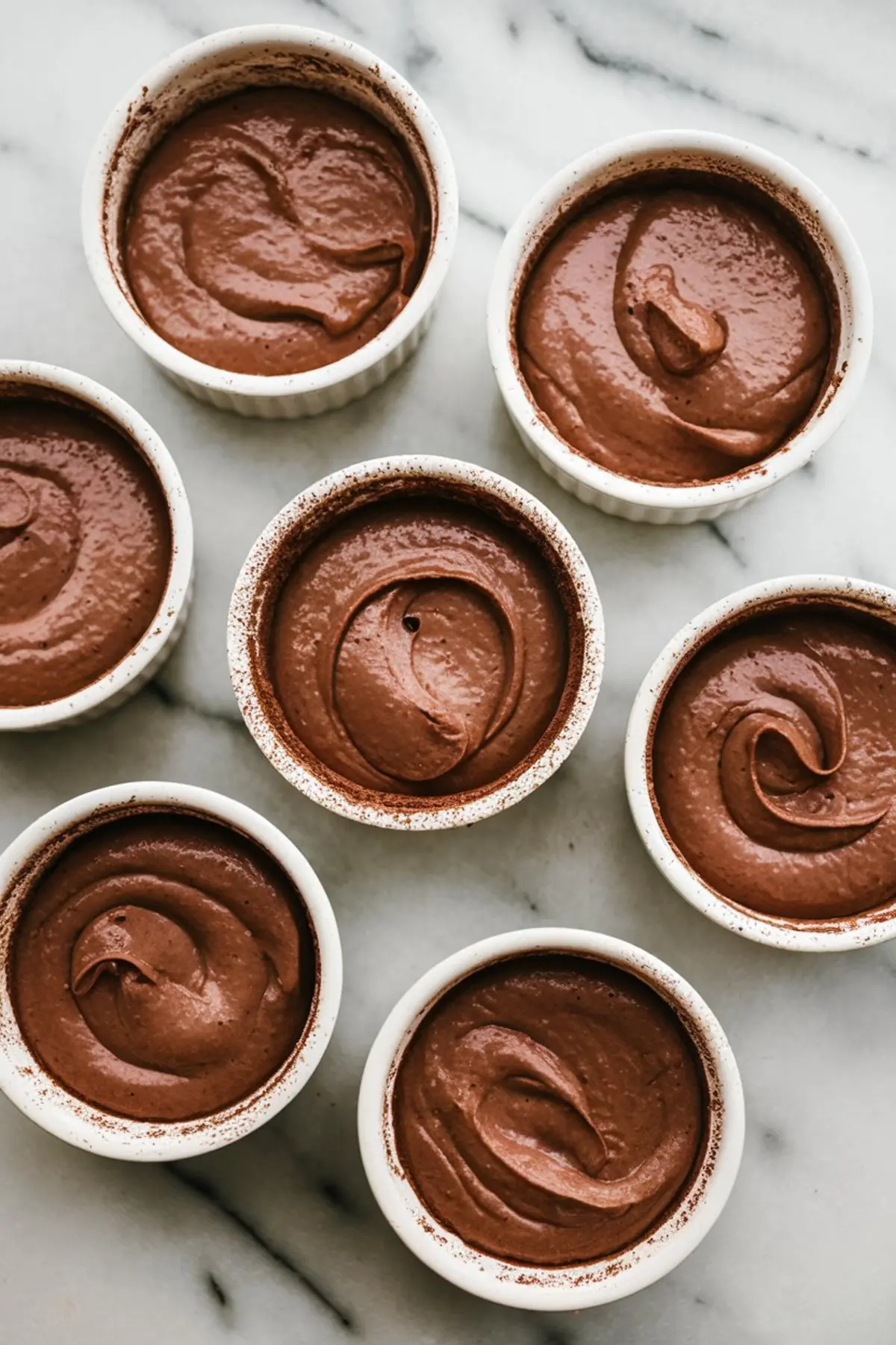 Unbaked chocolate soufflé batter swirled smoothly in white ramekins, arranged neatly on a white marble countertop, showing the rich and creamy texture.
