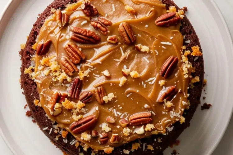 Single chocolate cake layer on a white plate topped with German chocolate frosting, pecan halves, shredded coconut, and cake crumbs.