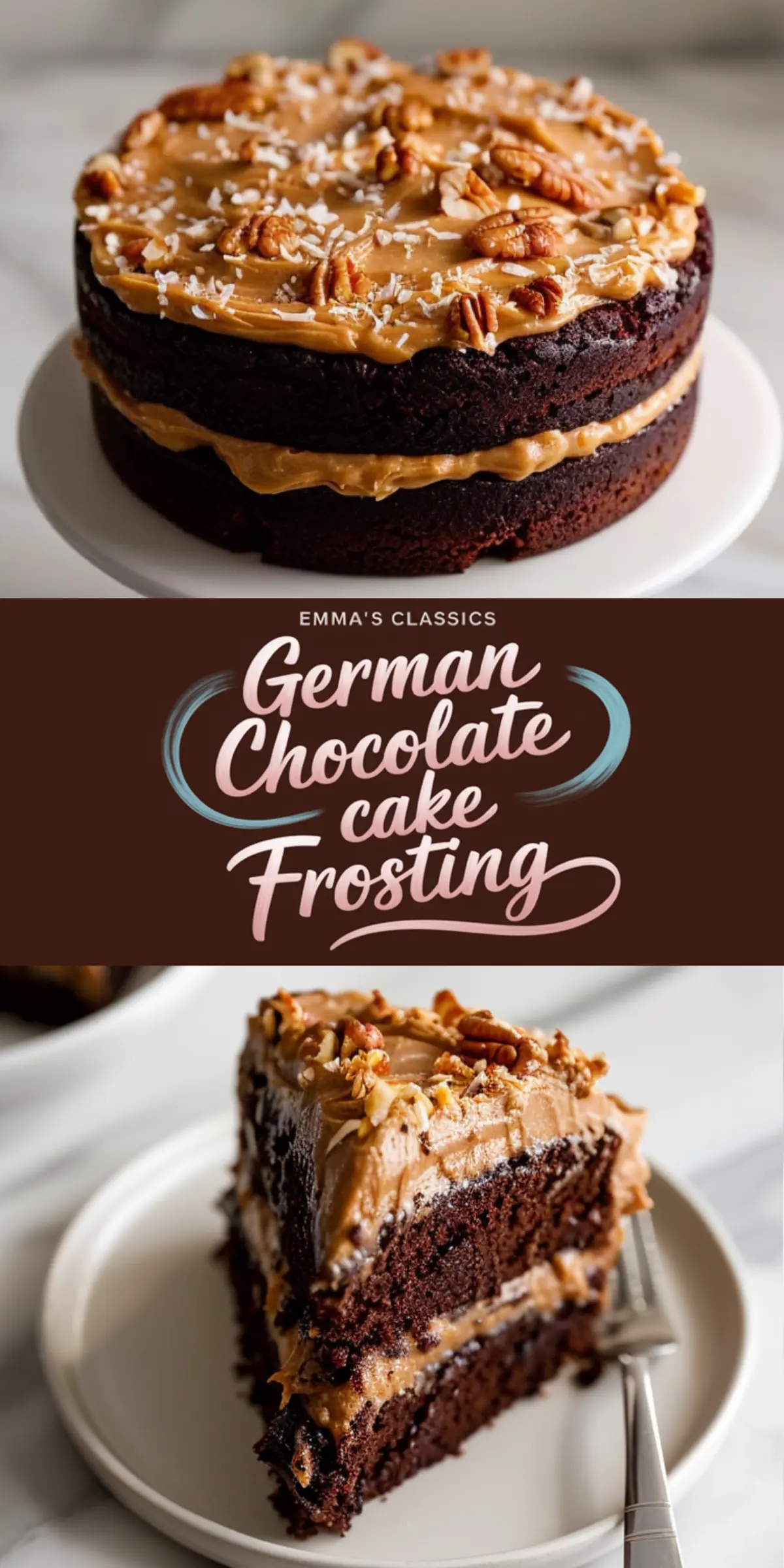 Collage featuring a full German chocolate layer cake and a slice on a plate, showcasing rich chocolate layers and coconut pecan frosting with a central text overlay reading “Emma’s Classics German Chocolate Cake Frosting.”