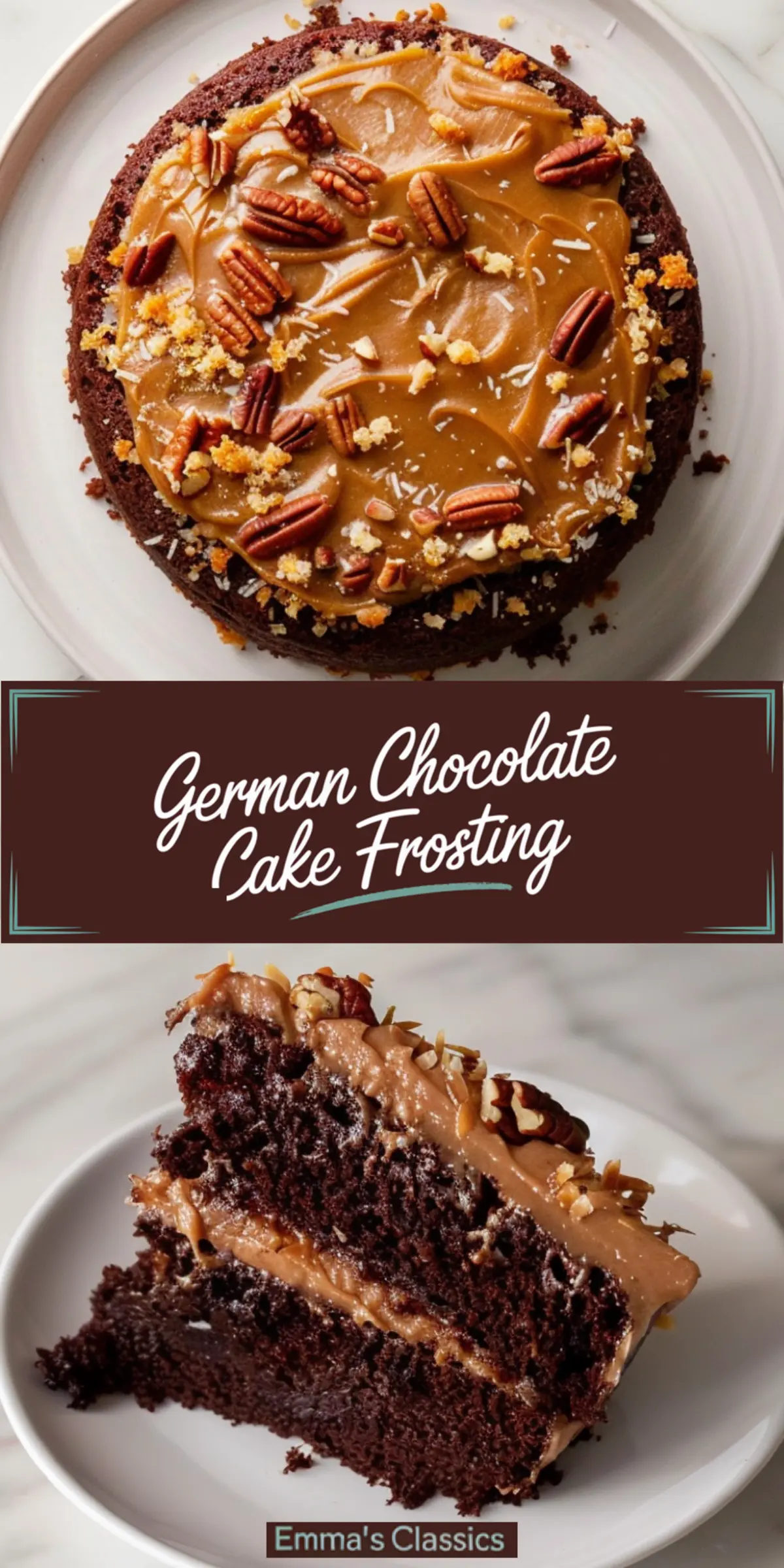 Collage with a top-down view of a frosted chocolate cake and a vertical slice served on a plate, accented with pecans and coconut, featuring the phrase “German Chocolate Cake Frosting” from Emma’s Classics.