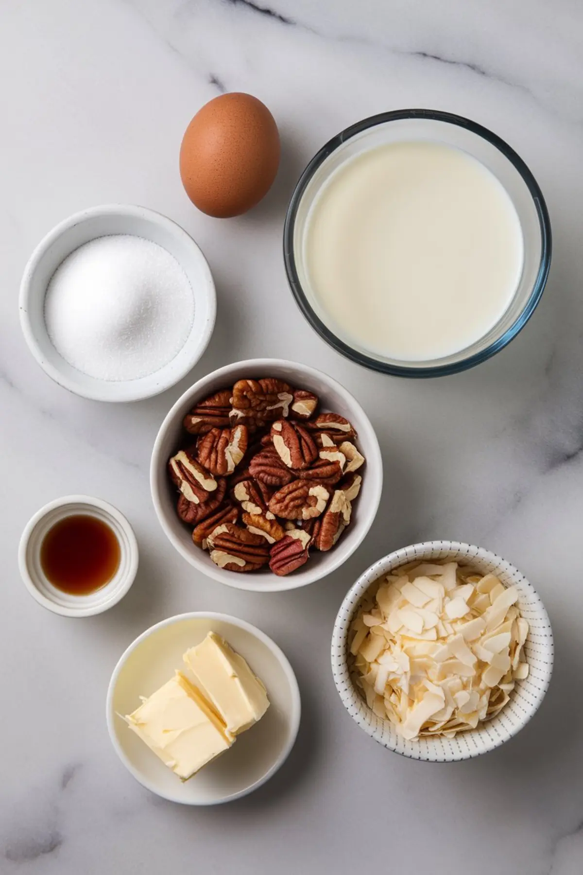 Flat lay of ingredients for German chocolate cake frosting on a marble surface, including a raw egg, granulated sugar, whole milk, vanilla extract, chopped pecans, shredded coconut, and cubed butter.