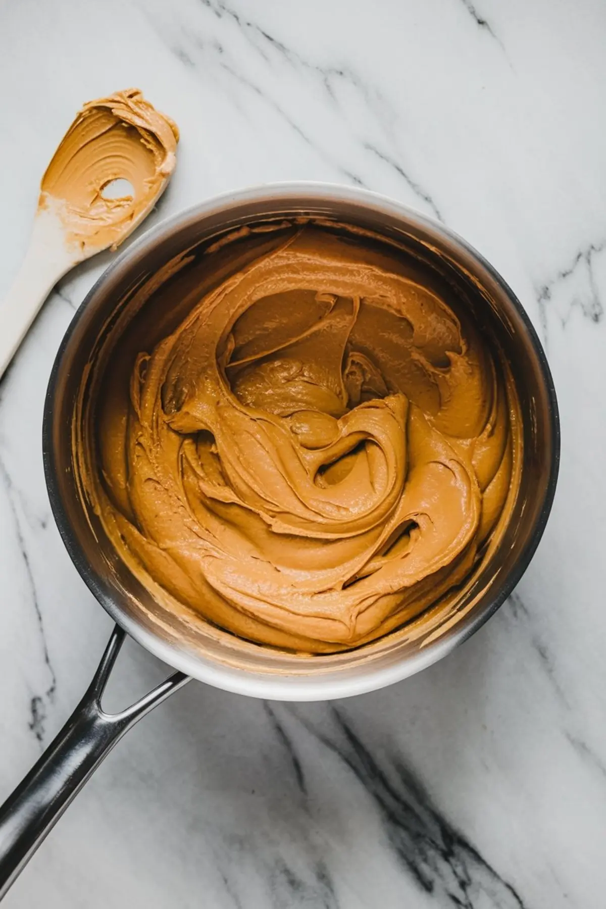 Creamy German chocolate cake frosting freshly mixed in a stainless steel saucepan, with a wooden spatula resting nearby on a marble surface.