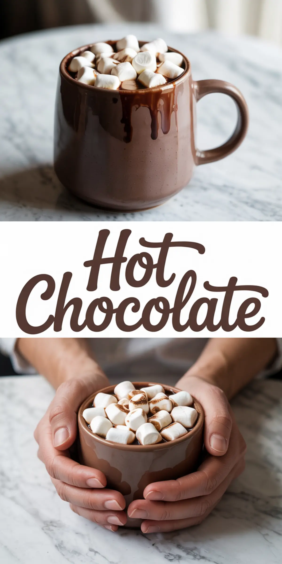 Collage showing a rustic mug of hot chocolate with marshmallows melting into rich, drippy chocolate. The top image captures the mug on a marble counter with chocolate dripping over the rim. The bottom image shows hands cradling the warm drink, creating a cozy, comforting winter treat vibe.