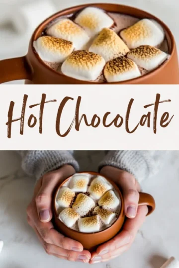 Top-down collage featuring two views of a creamy hot chocolate topped with toasted mini marshmallows in a matte brown mug. The top half shows a close-up of the marshmallow-topped drink sprinkled with cocoa powder. The bottom half displays hands gently holding the warm mug on a light marble surface, evoking a cozy, winter beverage aesthetic.