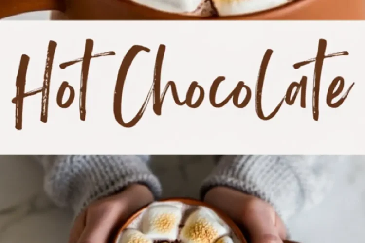 Top-down collage featuring two views of a creamy hot chocolate topped with toasted mini marshmallows in a matte brown mug. The top half shows a close-up of the marshmallow-topped drink sprinkled with cocoa powder. The bottom half displays hands gently holding the warm mug on a light marble surface, evoking a cozy, winter beverage aesthetic.