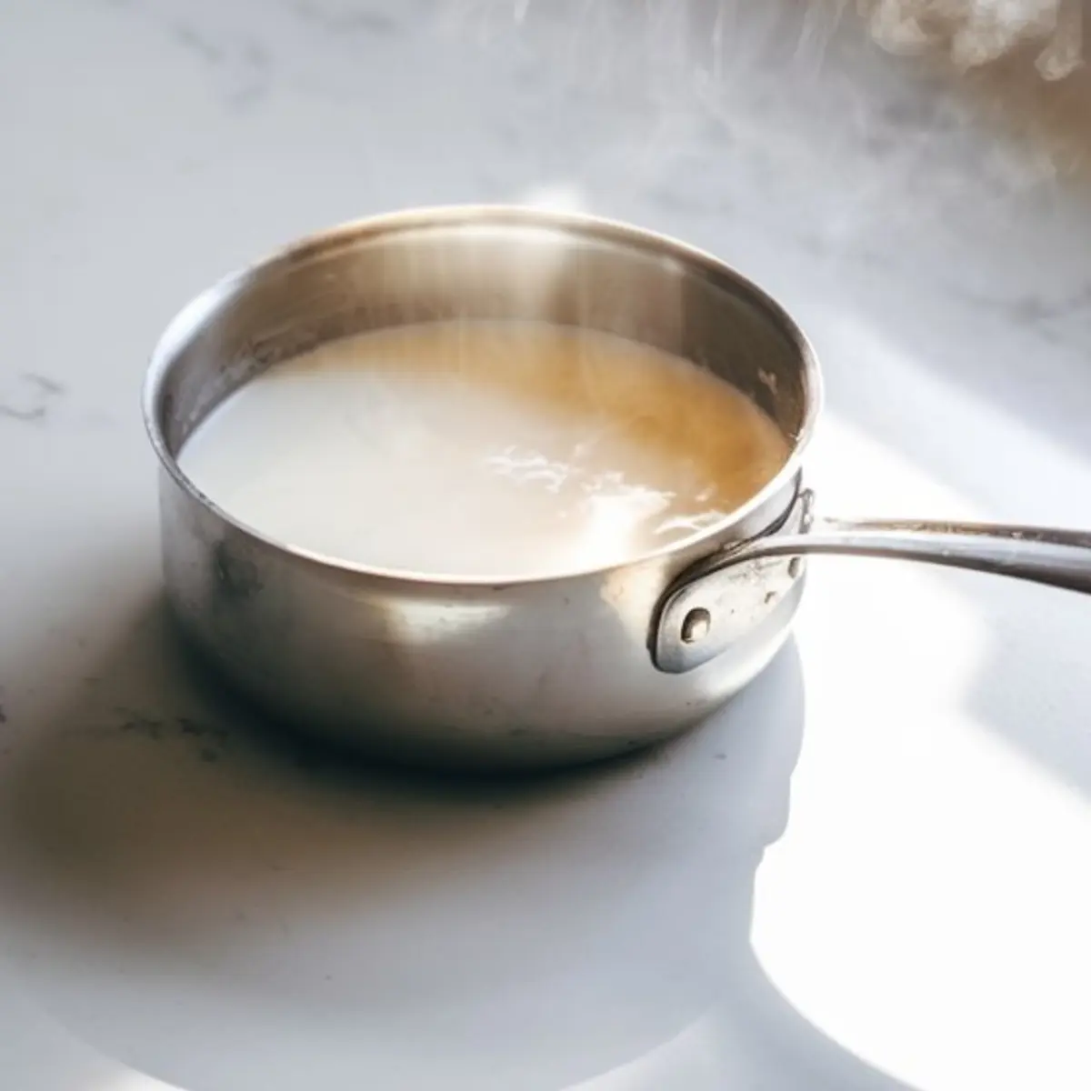 Steamy saucepan of hot milk placed on a white marble counter, with natural light streaming in. This image captures the warming step in making hot chocolate, emphasizing a simple, cozy kitchen moment.