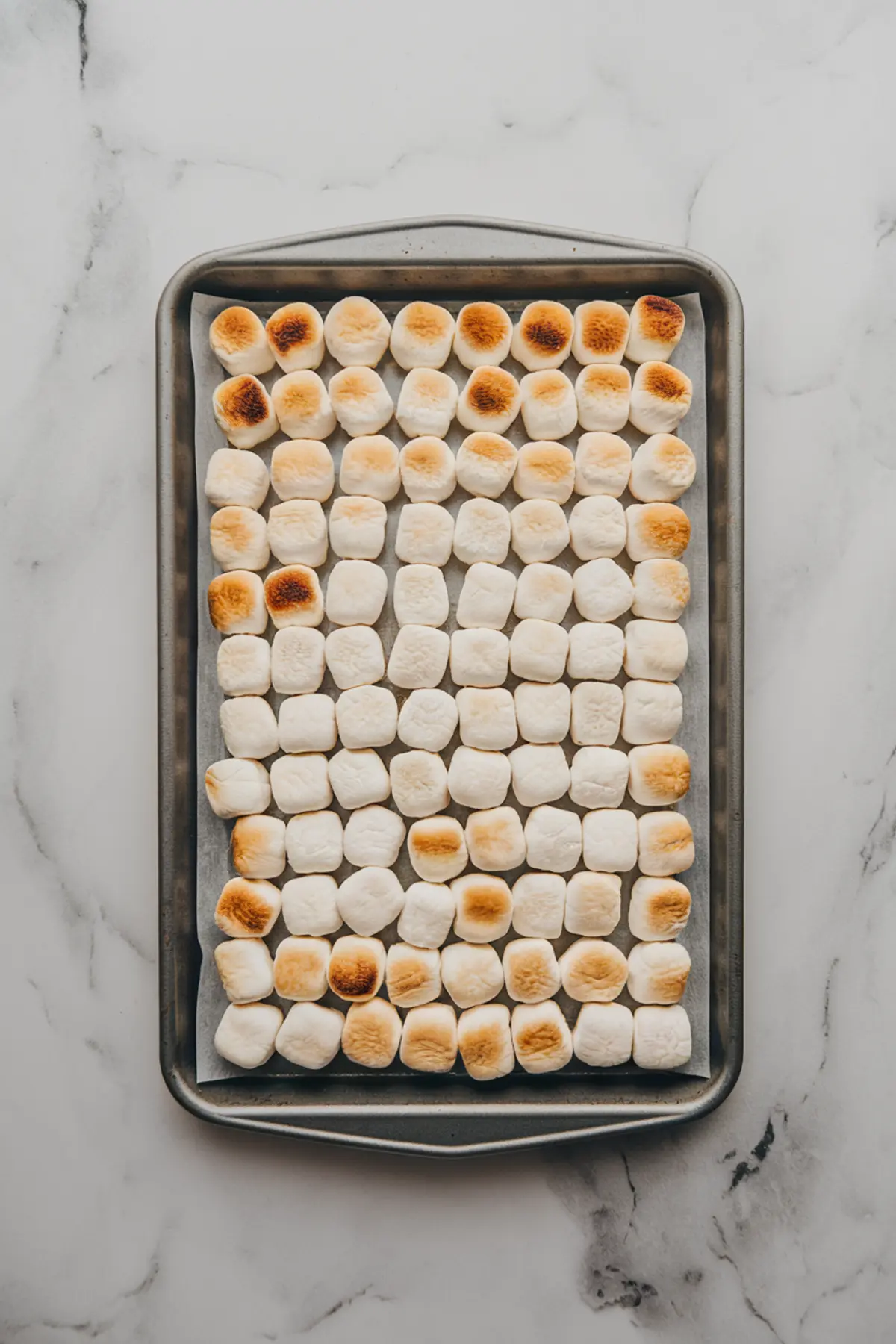 Baking tray lined with parchment paper and neatly arranged rows of golden-brown toasted marshmallows on a marble countertop. This image highlights the preparation step for hot chocolate toppings, styled for cozy dessert or drink recipes.