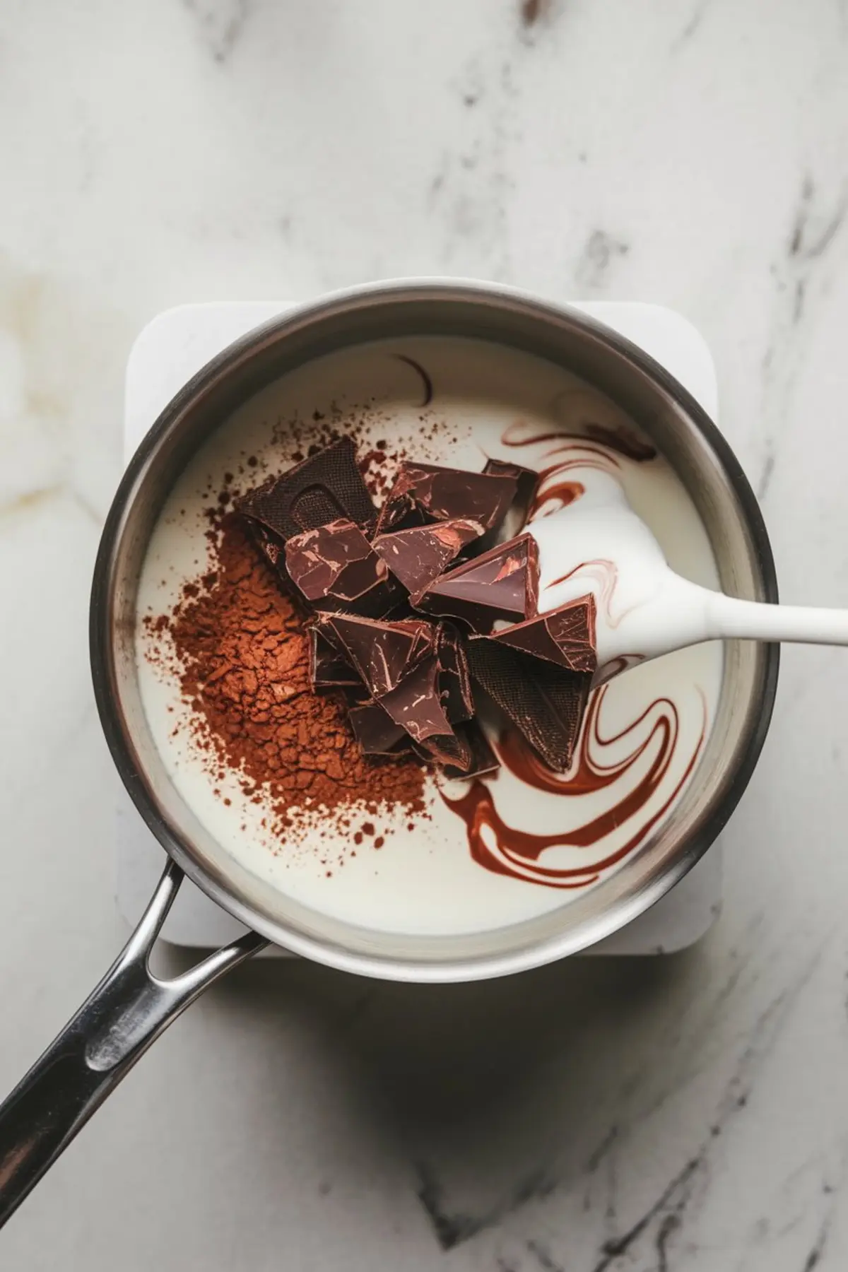 Overhead shot of a saucepan filled with milk, cocoa powder, and broken chocolate chunks starting to melt and swirl together. A white spatula stirs the mixture, visually representing the rich, homemade base of a creamy hot chocolate recipe.