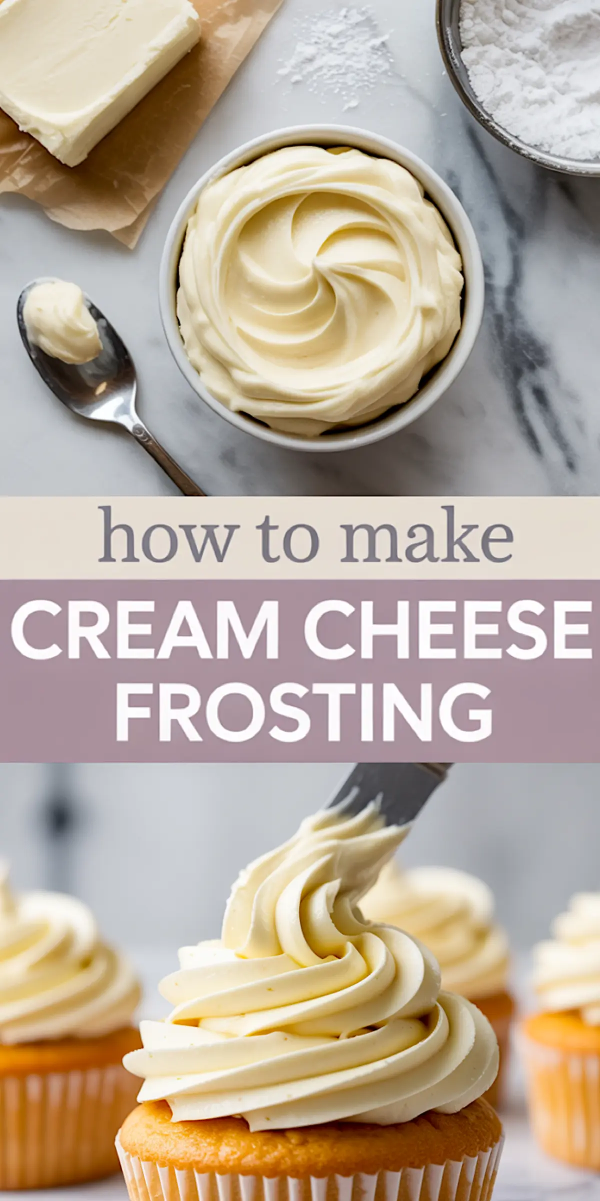 Collage image featuring a swirl of simple cream cheese frosting in a white bowl next to butter and powdered sugar, followed by cupcakes being decorated with smooth cream cheese icing using a spatula — ideal for frosting recipes easy, cake frosting recipe, or cream cheese frosting for decorating cupcakes.