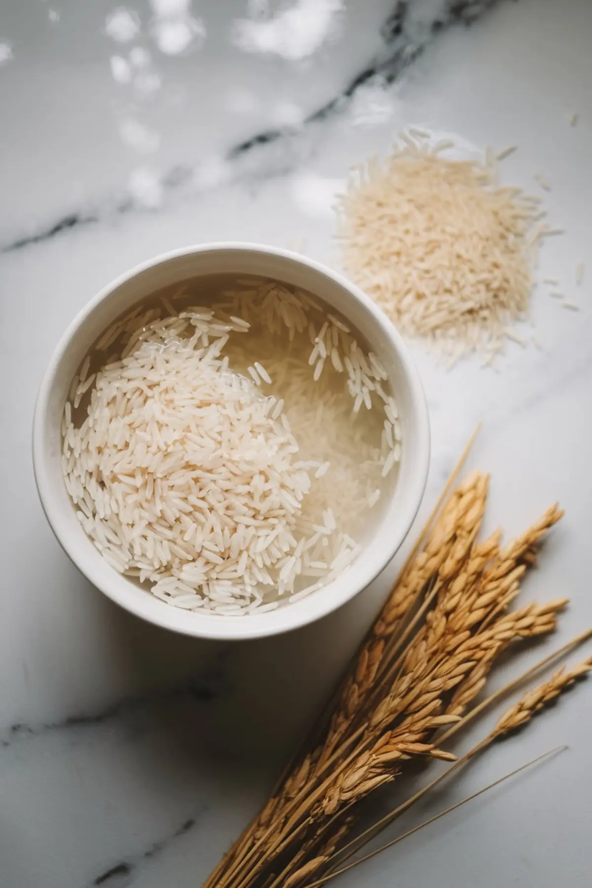 A bowl of white basmati rice soaking in water on a marble surface, surrounded by raw rice grains and dried rice stalks, showing preparation for an Indian dessert or main dish.