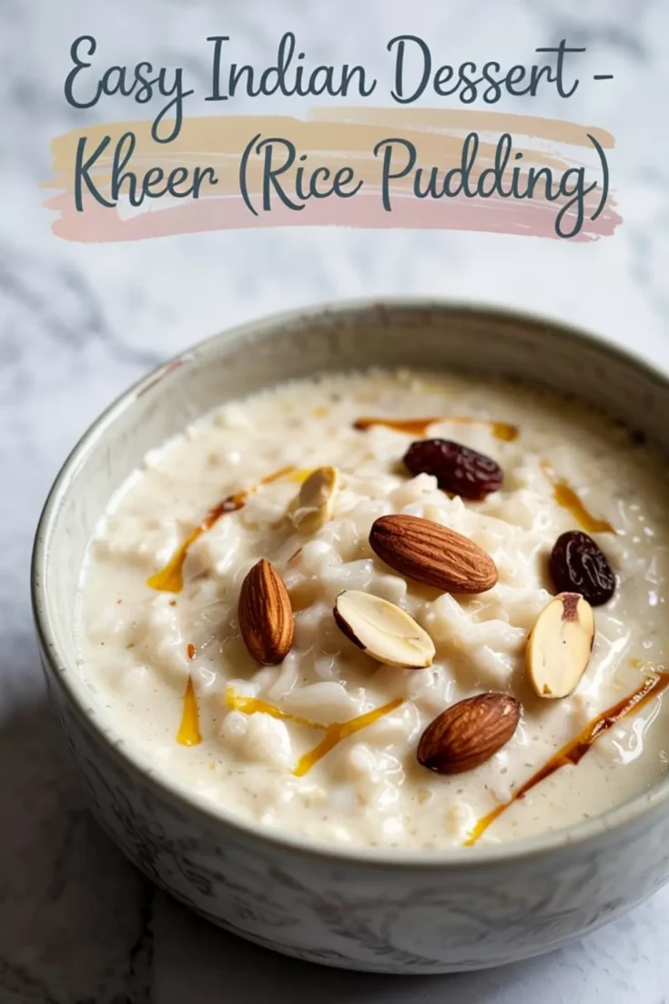 A bowl of Indian rice pudding garnished with almonds, raisins, and saffron strands, with overlay text reading “Easy Indian Dessert - Kheer (Rice Pudding)” on a light marble background.