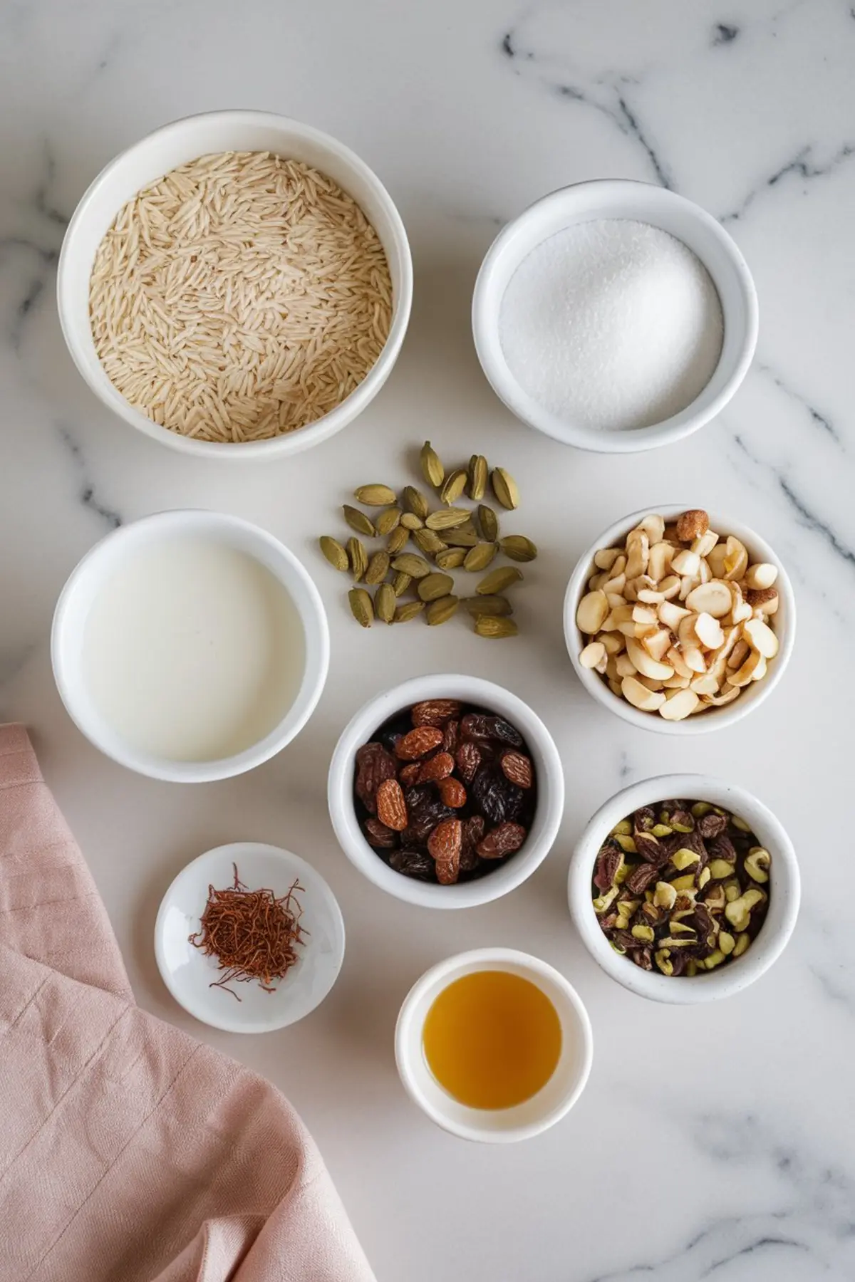 Flat lay of ingredients for Indian kheer including basmati rice, sugar, milk, cardamom pods, sliced almonds, raisins, pistachios, saffron strands, and rose water in small white bowls on a marble surface.